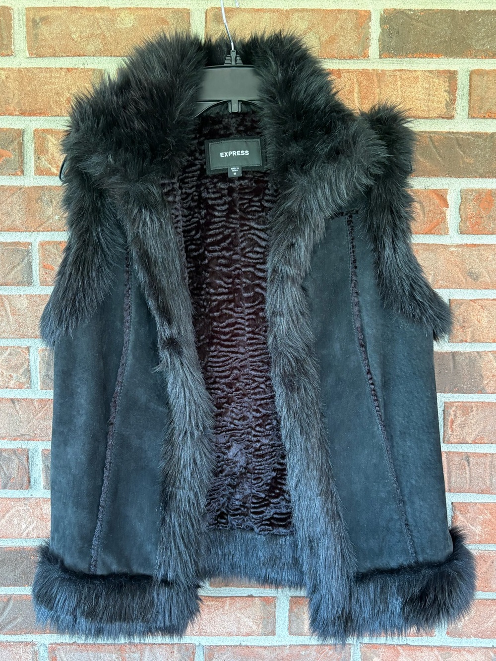 Express Women's Black Leather, Faux Fur Trim Vest